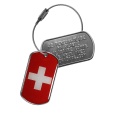 Porte-clés métal réalisé à partir de plaquettes militaires Dog Tag personnalisables et décoré du drapeau Suisse. Utilisable en Tag d'identification. Tag d'identification métal réalisé à partir de plaquettes militaires Dog Tag personnalisables et décoré du drapeau de la Confédération Helvétique. Utilisable en Porte-clés.