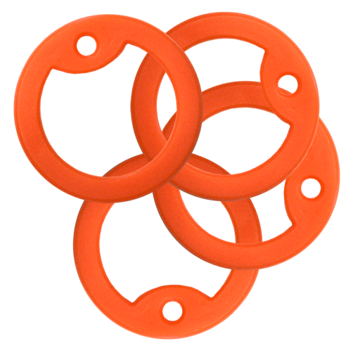 Set of 4 ORANGE silicone elastic mufflers (or protectors) for Dog Tag standard size 50 x 28 mm. Supplied round, Ø 38 mm. Fits over the hole and stretches around the tag.