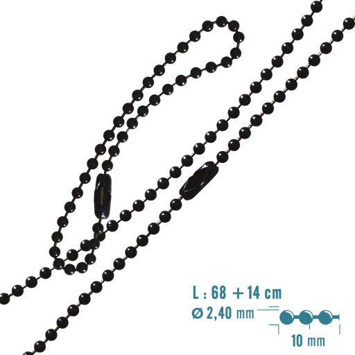 Necklace consisting of a 68 + 14 cm  Black Epoxy Steel Ball Chain with connector. Can be disassembled and snapped for optimum fit.
Other lengths available (60 and 76 cm).