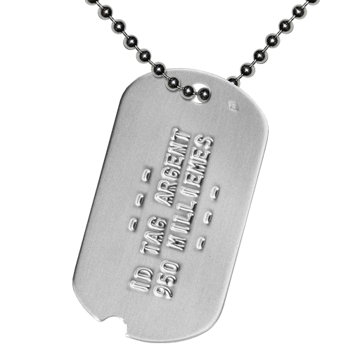 This ID Tag is entirely manufactured in our workshop (in France), from cutting to finishing. It is a WWII (Second World War) type military plate, recognizable by its notch. In 950 Mil. silver, weighin