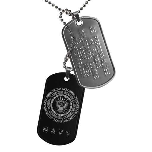 Pendant engraved with the insignia of theUS NAVY.This ID Tag is made up of 2 steel military plates with turned edges, mounted on brackets. The first, in matt stainless steel, can be personalized by em