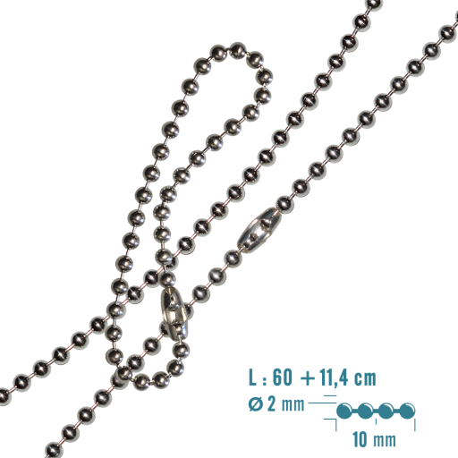 https://www.monidtag.com / Chaine boules argent 925 mil. 60 + 11 cm - Ø DEUX mm