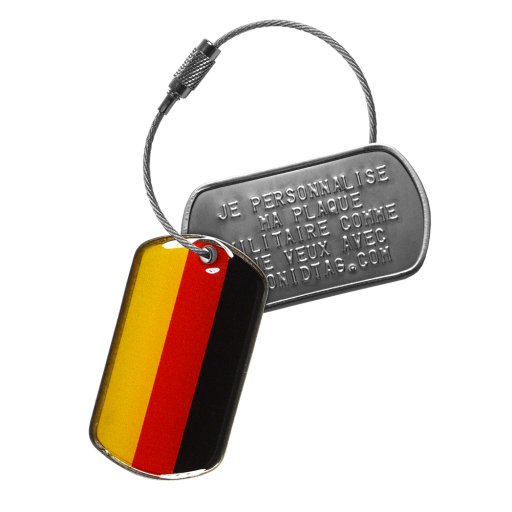 This identification tag includes 2 Dog Tag grade A military tags and a 15 cm long stainless steel cable with screw clasp. The first tag can be personalized by embossing, while the second is cold-ename