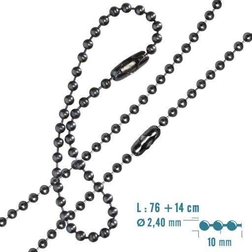 Collar 76 + chain14 cm type Chain Balls in 304L Stainless Steel with connector. Particularly suitable for holding a pair of Dog Tag / ID Tag military tags.Can be removed and snapped off for optimum fi