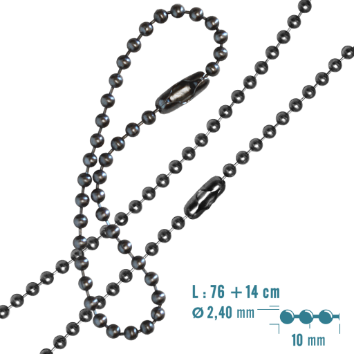 Collier 76 +chaînette 14 cm de type Chaîne Boules en Acier Inoxydable 304L avec connecteur. Convient particulièrement aumaintien d'une paire de plaques militaires de type Dog Tag /