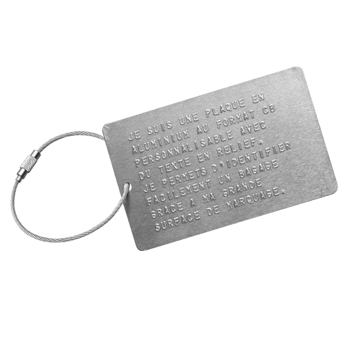 Livrée avec câble en acier de 15 cm doté d'un fermoir à vis.Tag d'identification en aluminium au format CB personnalisable par embossage (lettres en relief).En aluminium, ne