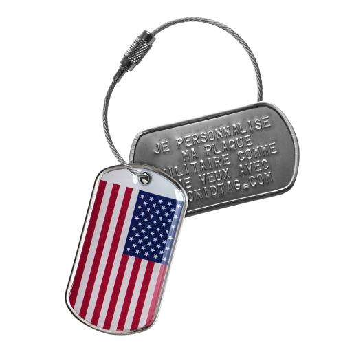 Ce tag d'identification comporte 2 plaques militaires au format Dog Tag de grade A et un câble en acier inoxydable de 15 cm de long avec fermoir à vis. La première plaquette est pe