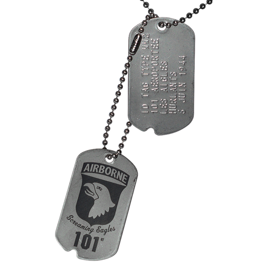 This pair of World War II-style Dog Tags includes a military plate that can be personalized by embossing, and a second laser-engraved with the insignia of the 101st Airborne. Each tag can be fitted wi