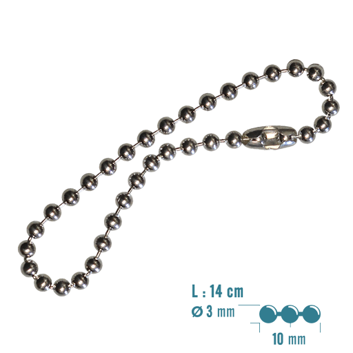 Chaînette Boules (diamètre 3 mm) en ARGENT 925 Mill. 14 cm avec connecteur. Démontable et sécable pour un ajustement optimum.Idéalement prévu pour suspendre un