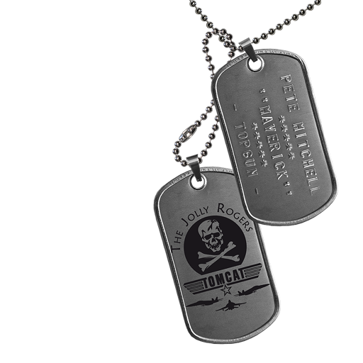 Plaques militaires dog tag en acier Grade A de l'armée américaine, personnalisées par embossage + gravure laser, ici au motif F14 