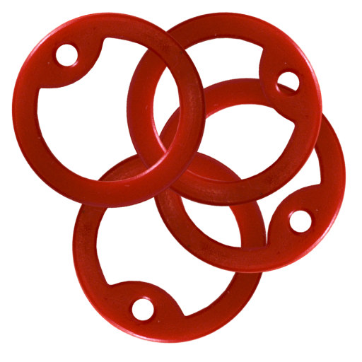 Set of 4 RED silicone elastic mufflers (or protectors) for Dog Tag standard size 50 x 28 mm. Supplied round, Ø 38 mm. Fits over the hole and stretches around the tag.