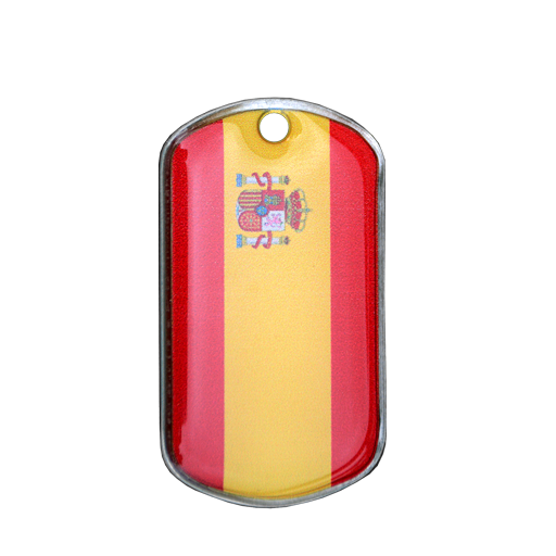 Military ID Tag featuring the Spanish flag.To claim or identify, as a keyring or pendant, it's up to you!UV-printed motif covered with transparent resin.
Personalization available:The design of this 