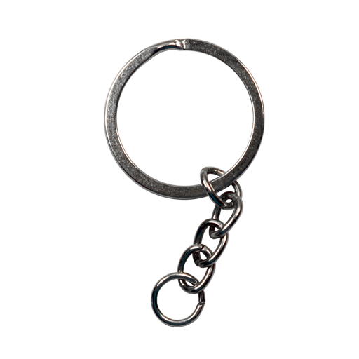 Nickel-plated steel key ring with chain.
 
