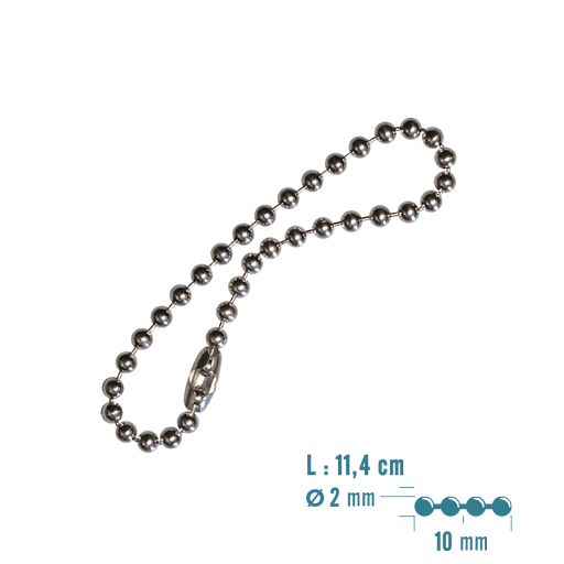Silver 925 Mill. 11 cm ball chain with connector. Can be dismantled and snapped off for optimum fit.Ideal for hanging a second Dog Tag from the first. Also suitable as a key ring attachment.
Other le