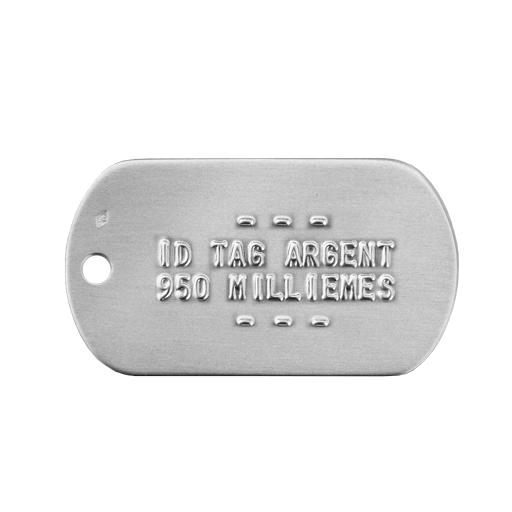Cette plaque militaire en Argent 950 Mil. est entièrement fabriquée à l'unité dans notre atelier, en France : découpe, finition et embossage. Réalisée