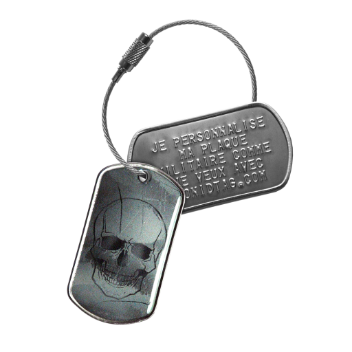 This identification tag includes 2 Dog Tag Grade A military tags and a 15 cm stainless steel cable with screw clasp. The first tag can be personalized by embossing, while the second is cold-enameled w