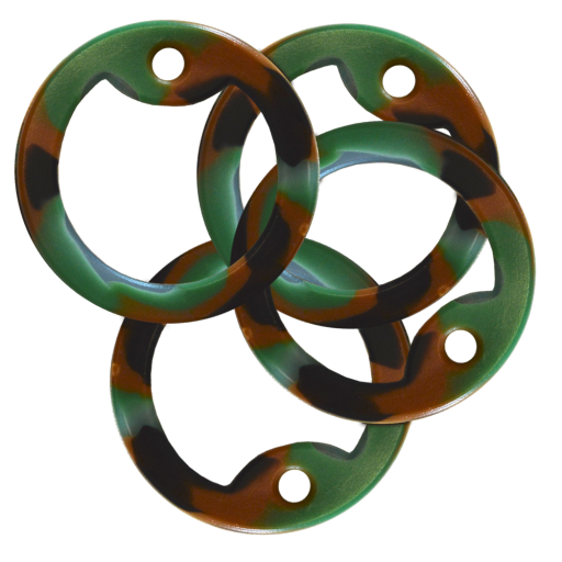 Lot de 4 silencieux élastiques CAMOUFLAGE CHASSE (ou protections) en silicone pour plaques militaires Dog Tag de format standard 50 x 28 mm. Livré rond au Ø de 38 mm. Se position