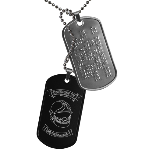 Firefighters now have their own ID Tag! This ID Tag is made up of 2 steel military plates with turned edges, mounted on clamps. The first, in matt stainless steel, can be personalized by embossing; th