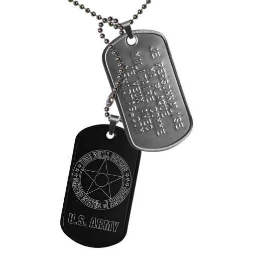 Pendant engraved with the insignia of theUS ARMY.This ID Tag is composed of 2 steel military plates with turned edges, mounted on clasps. The first, in matte stainless steel, can be personalized by em