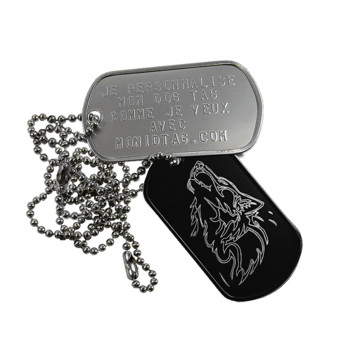 Ce collier pour homme ou femme est composé de 2 plaques militaires américaines montées sur bélières. La première en inox mat, est personnalisable par embossag