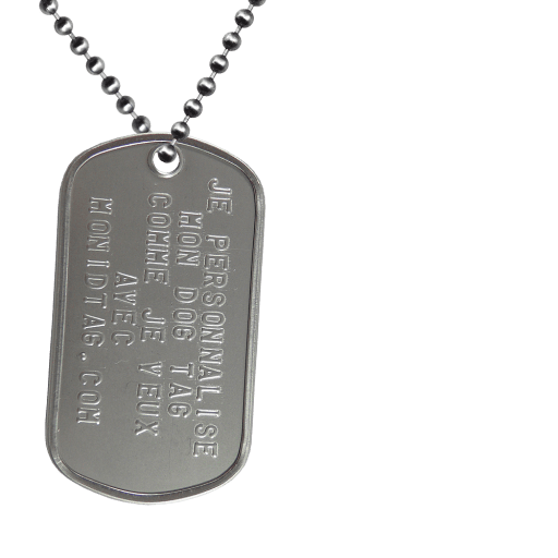 Le l'ID Tag Finisher comporte une plaque militaire Dog Tag en acier personnalisable et une chaîne boules acier de 60 cm. Livré prêt à assembler.Si vous souhaitez une personna