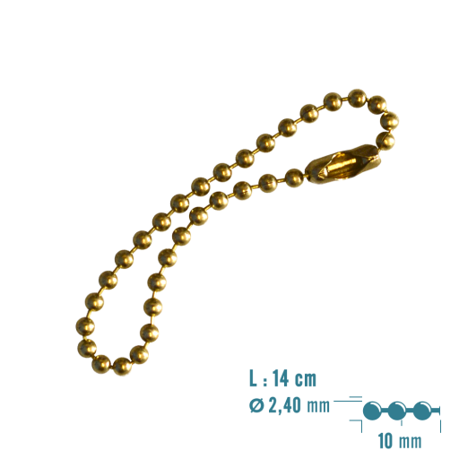 14 cm brass ball chain with connector. Can be removed and snapped off for optimum fit.Ideal for hanging a second Dog Tag from the first. Also suitable as a key ring attachment.
Other lengths availabl