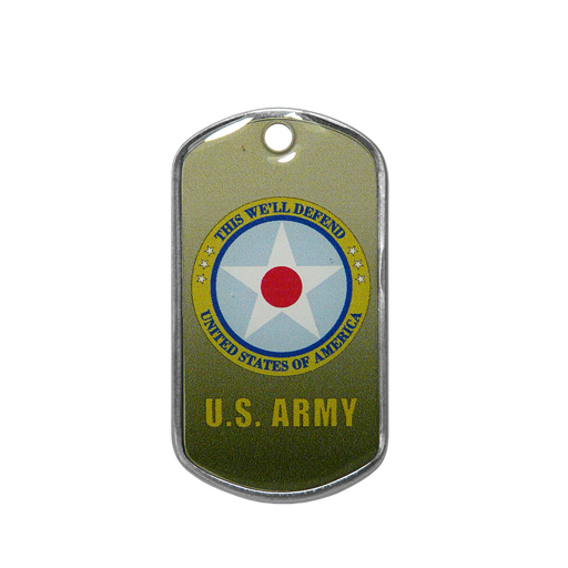 Plaque militaire dog tag marquée de l'insigne de l'US Army pour identifier un porte-clés ou à porter comme pendentif.Motif imprimé UV recouvert d'une résine transpar