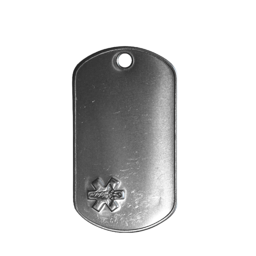 L'identification, à proprement parlé ! Cette plaque militaire au format Dog Tag est pré-embossée d'un caducée. Dans l'absolu, elle se destine principalement aux pers