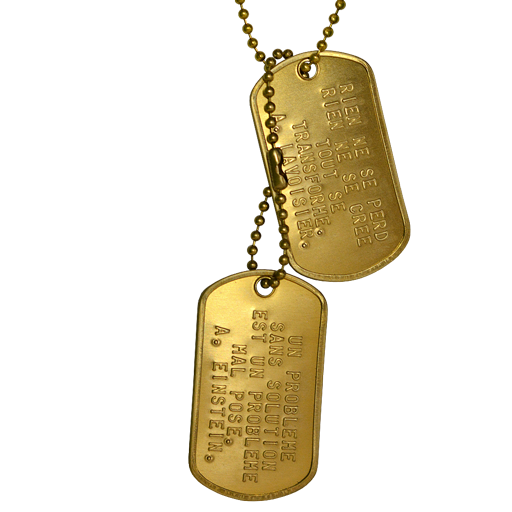 This ID Tag features 2 brass Dog Tag military plates with turned edges, customizable by embossing (raised letters). The brass ball and chain necklace measures 60 + 11.4 cm.IMPORTANT NOTE: Brass is an 