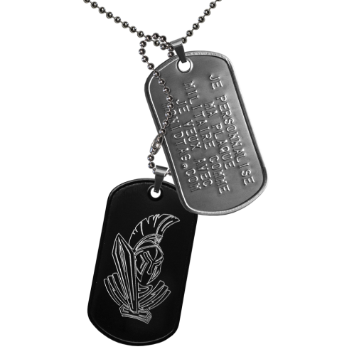 The Spartan Touch evokes energy, endurance and fighting spirit. This ID Tag is made up of 2 steel military plates with turned edges, mounted on clasps. The first, in matt stainless steel, can be perso