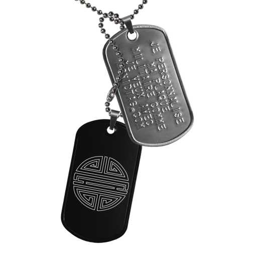 Pendant engraved with an Asian symbol evoking happiness.This ID Tag is composed of 2 steel military plates with turned edges, mounted on bélières. The first, in matt stainless steel, can