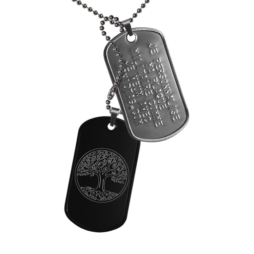 Tree of life engraved on black steel plate.
This ID Tag is made up of 2 steel military plates with turned edges, mounted on bélières. The first, in matt stainless steel, can be personal